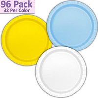 96 Paper Dinner Plates (9") - Light Blue, Neon Yellow, White - 32 Per Color, 3 Colors - Great Assortment for Birthday Parties, Weddings, Holidays, Baby Shower, Celebrations, and more