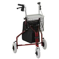 3 Wheeled Walker Red - Wire basket and large vinyl storage pouch included.