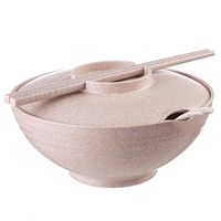 Bowl Rice Husk Instant Noodle Bowl with lid Large Multi-Function Cutlery Set with Chopsticks Spoon Microwave Oven Available Wheat Color Household tableware, retro bowl (Color : Pink)