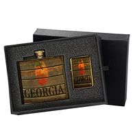 Georgia Peach - Gold Lighter and Pocket Hip Liquor Flask Survival Camping Gift Box Set