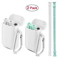 2 Pack Reusable Silicone Straws Stainless Steel Drinking Straws, Metal Straws, Food-Grade Portable Drinking Straws with Case and Cleaning Brush for Party Travel Outdoor