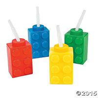 Fun Express Brick Block Party Cups (Set of 8 with Straws) Party Favor Supplies