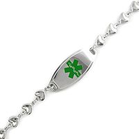 My Identity Doctor Custom Engraved Womens Medical Bracelet, Steel Heart Chain, Medium Green 6mm - Wrist Size 7.25 Inch