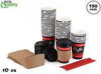 COMBO Set of 150-10oz - Paper Coffee Hot Cups, Black Dome Lids, Sleeves & Stirrers - Disposable Coffee Cups, To Go Travel Mug, Office/Party Pack, Hot/Cold Coffee, Tea & Chocolate, Latte