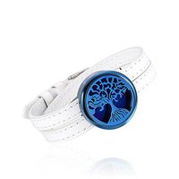 constantlife Tree of Life Stainless Steel Fragrance Jewelry Adjustable Genuine Leather Band Bracelet Essential Oil Diffuser with 12 Pads (White and Blue)