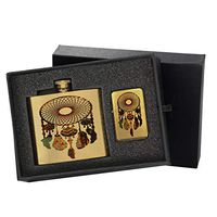 Southwest Dreamcatcher - Gold Lighter and Pocket Hip Liquor Flask Survival Camping Gift Box Set