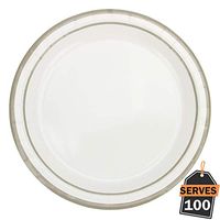 Pack of 100 Silver Rim Disposable Paper Plates, Round 9", Everyday Party Supplies for Appetizer, Lunch, Dinner, or Dessert