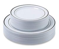 Disposable Plastic Plates - 120 Pack - 60 x 10.25" Dinner and 60 x 7.5" Salad Combo - Silver Trim Real China Design - Premium Heavy Duty - By Aya's Cutlery Kingdom