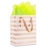 12-Pack Foldable Cardstock Paper Gift Bags with Handles (Medium 9", Metallic Rose Gold Foil Stripes) for Presents, Retails or Party Favors by TheDisplayGuys