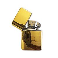 Pistol Gun Revolver - Gold Lighter Windproof Flip-Top Refillable with tin Gift Box