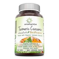 Amazing India Turmeric Curcumin with Bioperine (Made with Organic Tumeric Curcumin) 750 Mg 180 Veggie Capsules (Non-GMO) - Powerful Antioxidant & Antiinflammatory Properties, Supports Heart & Brain