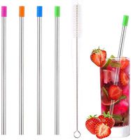 Stainless Steel Drinking Straws Set of 4 With Cleaning Brush| Metal Reusable Recycled Long Straw for Smoothies & Cocktails Straw Silver Safe Aluminum for 30oz/20oz Cups & Tumblers |4 Silicone Tips