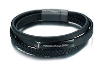 VNOX Mens Womens PENICILLIN Allergy Black Handmade Braid Genuine Leather Medical Symbol Alert Cuff Bangle Bracelet,8"