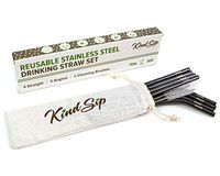 8 Pack Eco Friendly Reusable Stainless Steel Drinking Straw Set + 2 Brushes with Pouch High Quality Premium Metal Straws for Smoothie Milkshake Drinks BPA Free Dishwasher Safe USA Company (Black)