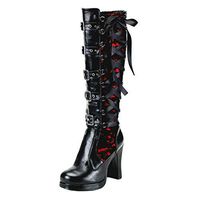HebeTop Women Motorcycle High Heels Punk Buckle Rivet Strap Combat Military Mid Calf Boots Red