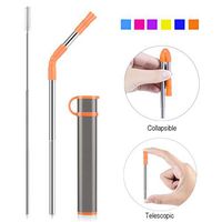 Reusable Collapsible Straw, Portable Stainless Steel Drinking Straw with Case, Straw Tip and Cleaning Brush for Travel, Party, Outdoor and Home Use (Grey Case Orange Tip)