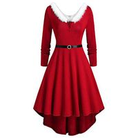 Dermanony Women's Winter Mini Dress Plus Size Christmas Patchwork Faux Fur Panel Long Sleeve Asymmetric Party Dress Red
