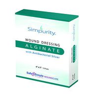 Simpurity Alginate Wound Dressing First Aid with Antimicrobial Silver, 4" x 5", Box of 10 – Calcium Alginate Dressing