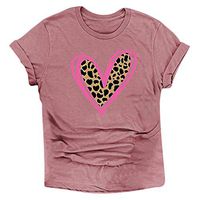 Sunhusing Womens Valentine's Day Leopard Heart Print Casual Round Neck Solid Color Short Sleeve T-Shirt Top(Watermelon Red,2XL)