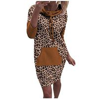 Sunhusing Women's Lapel Leopard Print Long Sleeve Hooded Pullover Dress Casual Pocket Sweatshirt Mini Dress(Coffee,XL)