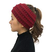 Theoylos Womens Ponytail Beanie Hat Warm Stretch Cable Knit Hat Ladies Cold Weather Headbands Winter Ponytail Skull Cap Red