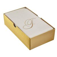 LINEN FEEL DISPOSABLE MONOGRAMMED GUEST TOWELS | European Made | Initial "T" | 48 pc | Napkins for Wedding, Dinners, Events and More (Ivory/Gold)