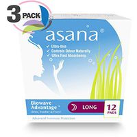 Asana Long Overnight Sanitary Pads with Wings for Women – Unscented, Chemical Free, Naturally Helps Prevent Odor – 12 Count - Pack of 3