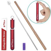 Reusable Collapsible Straw, Rose Gold 9.25'' Stainless Steel Metal Straws, BPA-Free FDA Approved Reusable Drinking Straw & Portable Telescopic Straw with 1 Red Case, 1 Cleaning Brush, 1 Silicone Tip