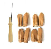 ZHONGJIUYUAN 1pc Wooden Felting Handle with 1x Needle + 8pcs(4 Pair) Needle Felting Finger Protectors Leather Finger Cot Necessary for Every Felter (Random Color)
