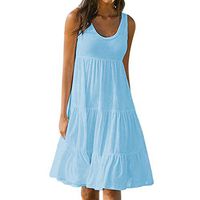 iLUGU Summer Beach Dresses for Women Solid Color Sleeveless Party Midi Dress Blue