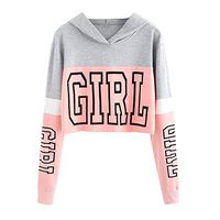 HNTDG Women Letter Printing Long Sleeve Contrast Color Hoodie Short Sweatshirt Pullover Tops Blouse Pink
