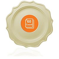 Tiger Chef 60-Count, 10-inch Cream Color Round Scalloped Rim Disposable Plastic Plate Set Includes 60 Plastic Dinner Plates - BPA-Free
