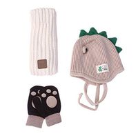 NUOBESTY Winter Fleece Skiing Scarf Gloves Caps, 1 Set of 3, Soft Lovely Knit Dinosaur Beanie Autumn Winter Kids Wool Hat Scarf and Gloves Knitted Hat Beige - Beige