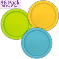 96 Paper Dinner Plates (9") - Sunshine Yellow, Neon Green, Aqua - 32 Per Color, 3 Colors - Great Assortment for Birthday Parties, Weddings, Holidays, Baby Shower, Celebrations, and more