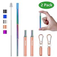 Tomight 2 Pack Reusable Straws,9.2” Rainbow Portable Metal Stainless Steel Straws with Case Cleaning Brush Carabiner Silicone Tips Keychain Rose Gold