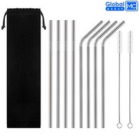 Set of 8 Stainless Steel Metal Reusable Straws Large Size 10.5 inch, for Any 30oz Tumblers Cold Beverage (4 Straight, 4 Bent, 2 Brushes, 1 Black Velvet Bag) (Silver)
