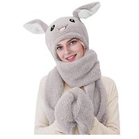 Theoylos Women's Winter Hat Cute 3PCS Hat Glove Scarf Plush Rabbit Ear Beanie Hat Ladies Warm Soft Skull Cap Gray