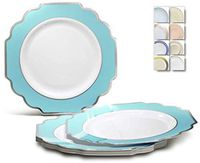 " OCCASIONS" 120 Plates Pack, Heavyweight Disposable Wedding Party Plastic Plates (8'' Appetizer/Dessert Plate, Imperial in White/Turquoise Blue & Silver)