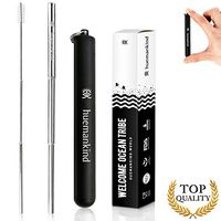 Huemankind Reusable Collapsible Straws with Case & Brush: Telescopic Retractable Stainless Steel Metal Drinking Straw, Travel Pocket Size & Portable Straws with Keychain Metal Case (Black)