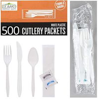 500 Plastic Cutlery Packets - Knife Fork Spoon Napkin Salt Pepper Sets | White Plastic Silverware Sets Individually Wrapped Cutlery Kits, Bulk Plastic Utensil Cutlery Set Disposable To Go Silverware