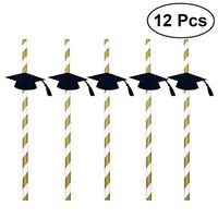 BESTOYARD Graduation Cap Straws Paper Straws with Grad Cap 2020 Graduation Party Striped Decorative Straws,Pack of 12 (Black)