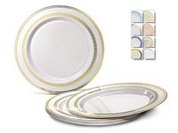 " OCCASIONS" 60 Plates Pack, Heavyweight Disposable Wedding Party Plastic Plates (10.5'' Dinner Plate, Lace White & Gold)