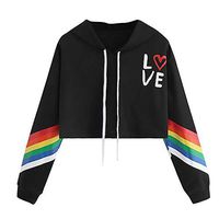 Baiggooswt Women's Autumn Thin Long Sleeve Hoodie Pullover Rainbow Letter Print Short Sweatshirt Blouse Tops(Black,XL)