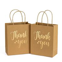 LaRibbons Medium Size Gift Bags - Gold Foil Thank You Brown Paper Bags with Handles for Wedding, Birthday, Baby Shower, Party Favors - 25 Pack - 8" x 4" x 10"