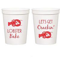 Mandeville Party Company Lobster Bake Cups, White Stadium Plastic Cups - Let's Get Crackin (10 Cups)