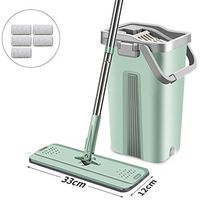PLHMS Flat Squeeze Mop and Bucket, Hand-Free Wringing Floor Cleaning Mop Handwash Wet and Dry Use on Floor, with 3 Mop Pads Stainless Steel Handle,C