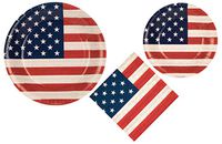 American Flag Disposable Paper Plates and Party Napkins Bundle - 3 Items: 20 Dinner Plates, 20 Dessert Plates, 50 Large Napkins