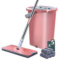 GHH Flat Mop Bucket Set with 5 Reusable Pad, Stainless Steel Rod Free Hand Wash Home Cleaning Tool, Save Water and Space, for Wet and Dry Floor Cleaning