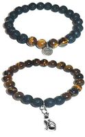 Hidden Hollow Beads Charm Tigers Eye and Black Lava Natural Stone Women's Yoga Beaded Stretch Bracelet Set. Comes in A Gift Box! (Cat Charm)