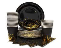 Party Chic Black and Gold Plates Cups and Napkins Set for 50-50 Gold Paper Plates 50 9 oz Cups and 50 Dinner Napkins-Black and Gold Party Supplies-Black Plates Bulk-Gold Napkins-Black Party Plates